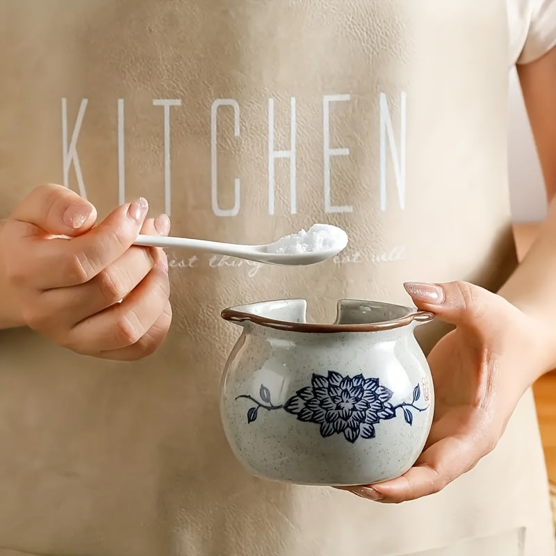 1pc Cute Ceramic Spice Jar with Lid & Spoon, Seasoning Jar, Seasoning Bottle, Spice Box for Spices Salt Sugar