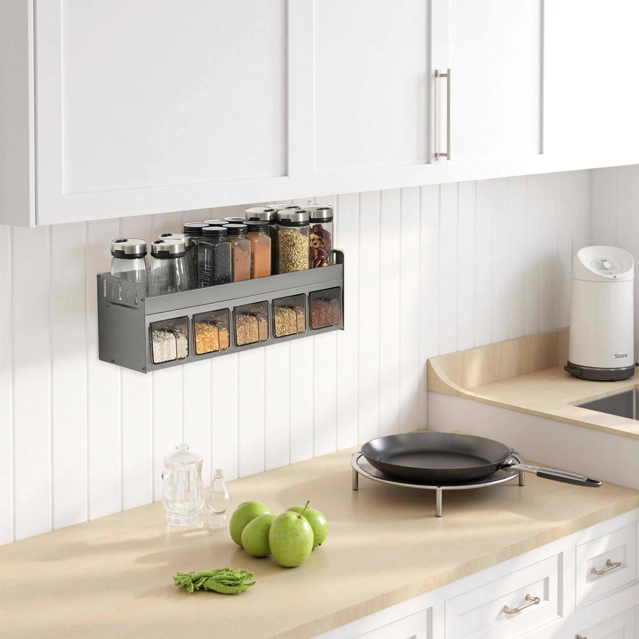 Wall-Mounted Spice Rack Set - Multi-Compartment Spice Rack, Durable Aluminum Spice Rack, No Drilling Required for Installation, Includes Spice Containers And Jars for Kitchen And Dining Room Use
