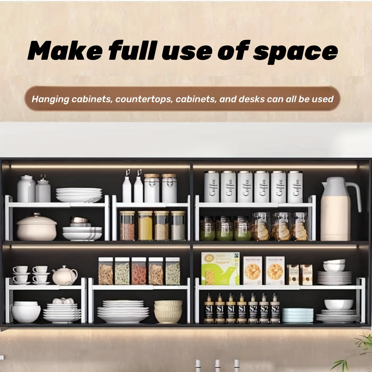 Storage Solutions for Restaurants And Businesses, Including a White Expandable Cabinet Rack, Layered Storage Options, And a Countertop Seasoning Organizer, Ideal for Kitchen Cabinets And Storage Areas, Designed to Be Stackable And Space-Efficient