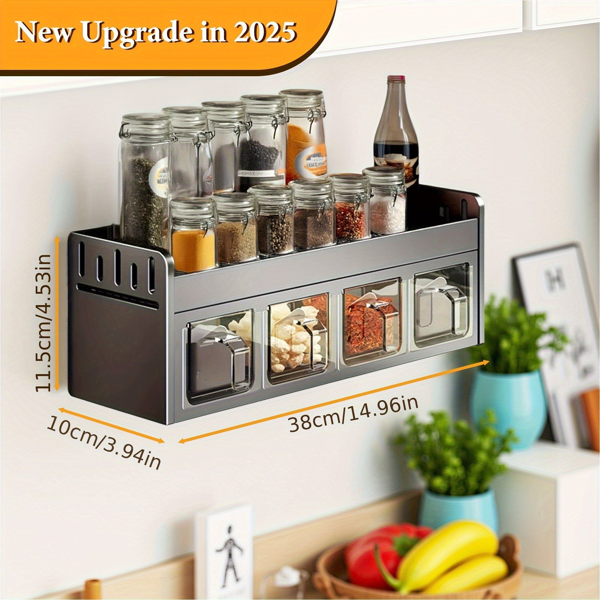 Wall-Mounted Spice Rack Set - Multi-Compartment Spice Rack, Durable Aluminum Spice Rack, No Drilling Required for Installation, Includes Spice Containers And Jars for Kitchen And Dining Room Use