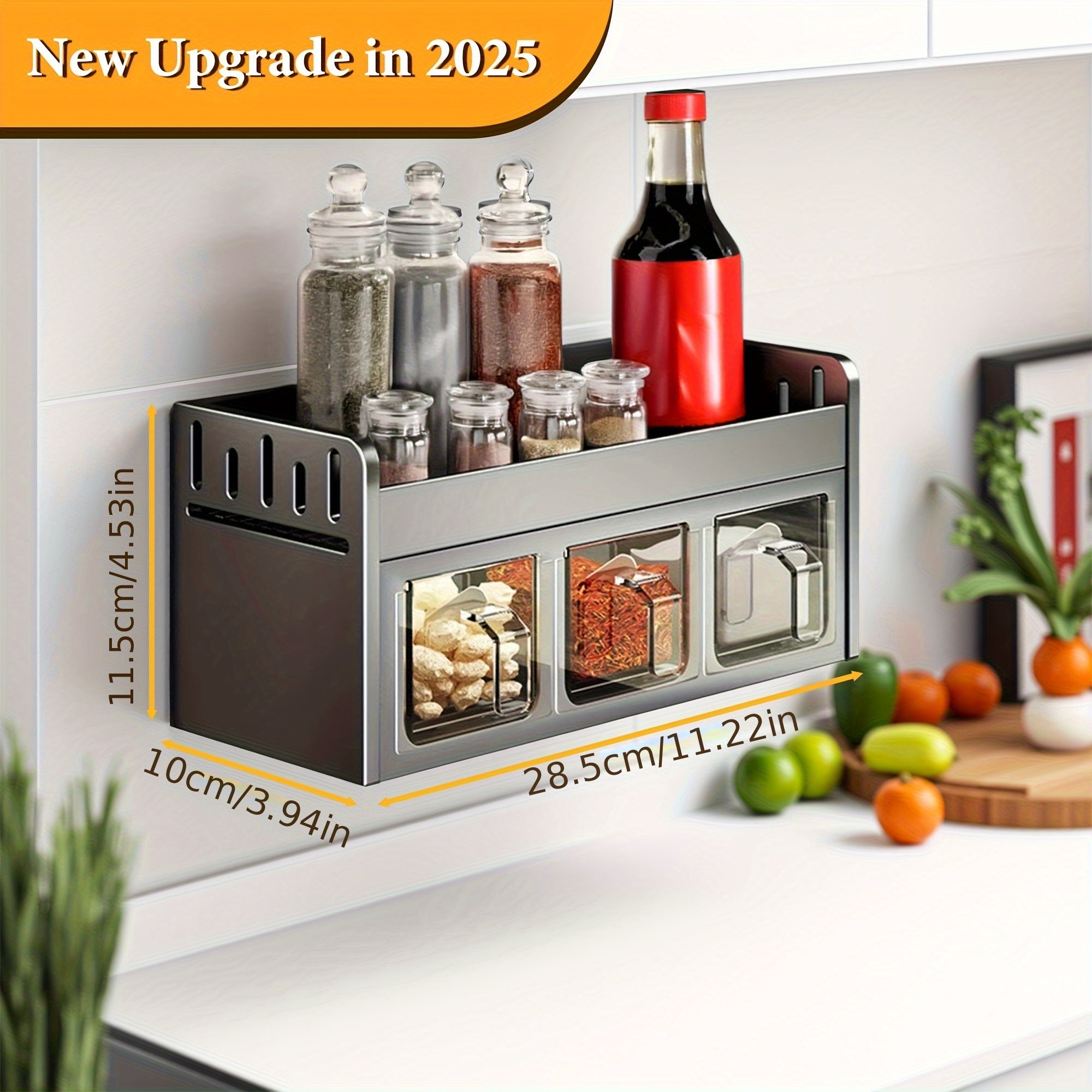 Wall-Mounted Spice Rack Set - Multi-Compartment Spice Rack, Durable Aluminum Spice Rack, No Drilling Required for Installation, Includes Spice Containers And Jars for Kitchen And Dining Room Use