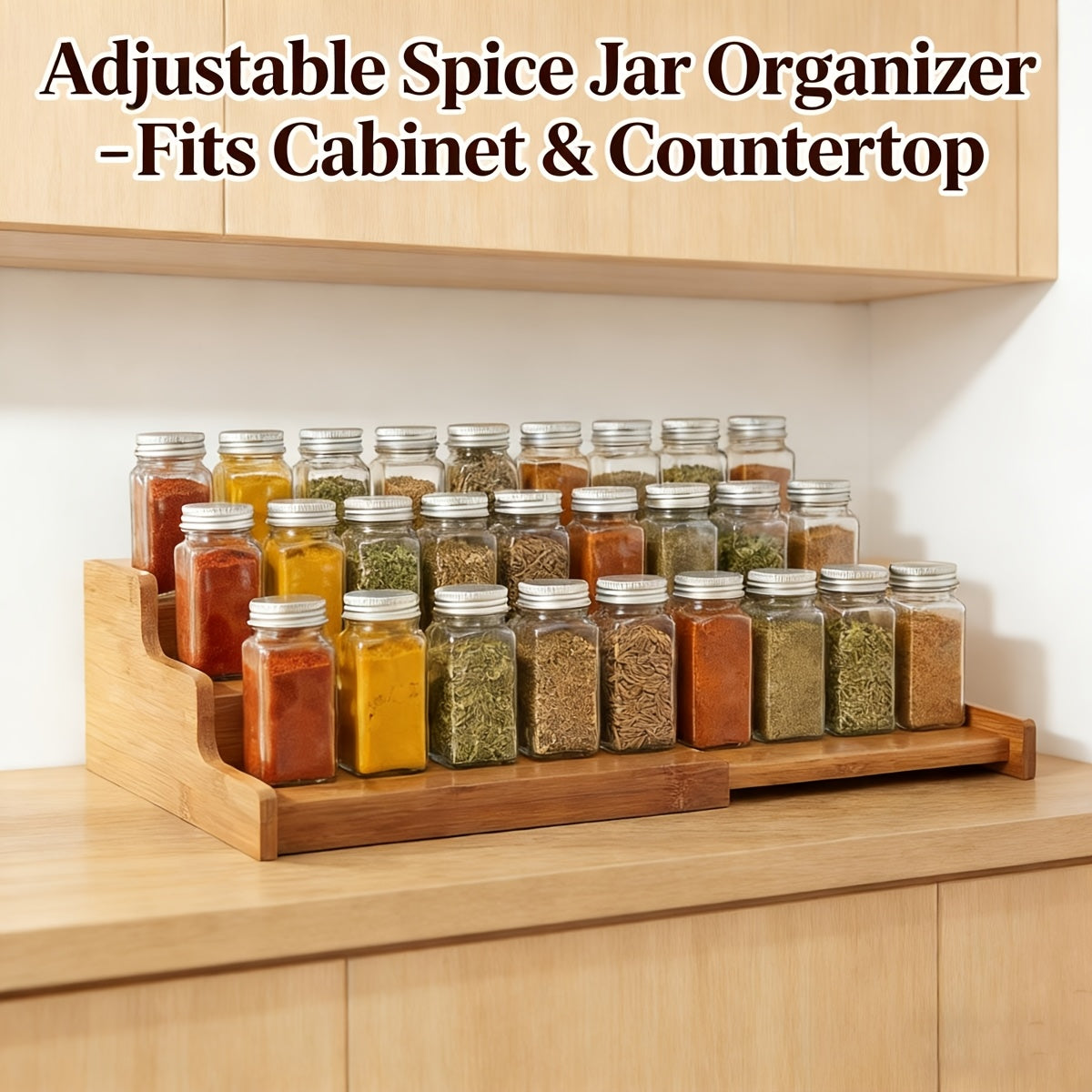 3-Tier Bamboo Spice Rack Organizer for Cabinet & Pantry - Adjustable Shelves, Under\u002FCountertop Spice Shelf with Bamboo Wood Storage - Space-Saving Vertical Spice Jars\u002FContainers Holder, Expandable Kitchen Spice Organization System