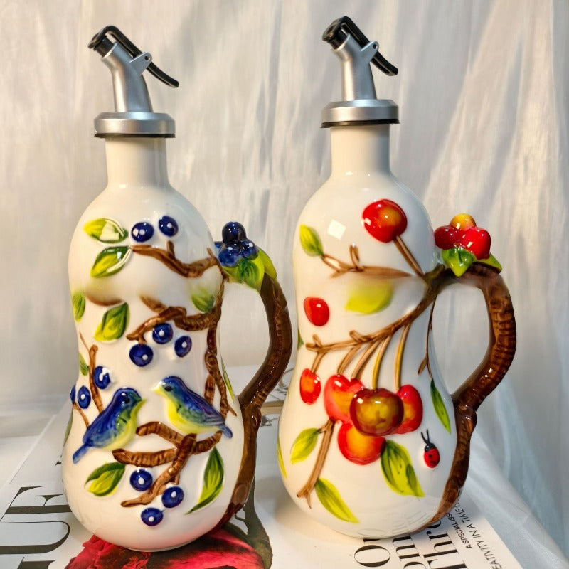 Artisanal Hand-Painted Ceramic Cruet Set - Lead-Free Non-Toxic Glaze & Non-Drip Spout, Hand-Painted Floral Relief Salt & Pepper Shakers, Wood-Like Base, & s, Traditional Underglaze Coloring (Salt