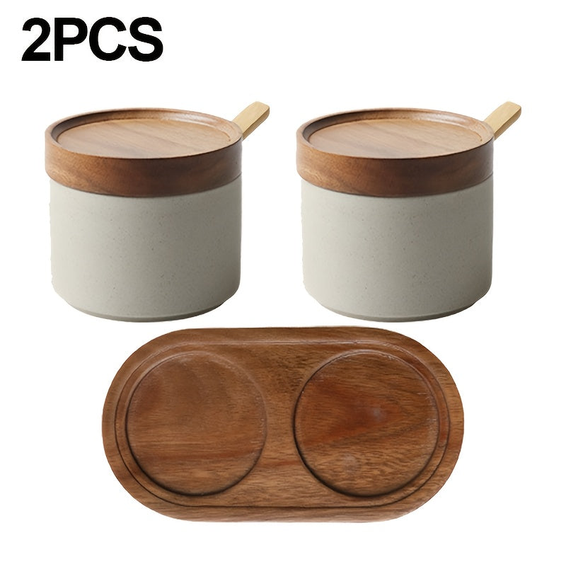 2\u002F3pcs Set of Japanese-style Ceramic Spice Jars | Kitchen and Dining Room Storage Jars for Spices, Salt, Sugar, Spice Jars with Spoons, Covered Spice Storage Box, Kitchen Supplies, Kitchen Additions
