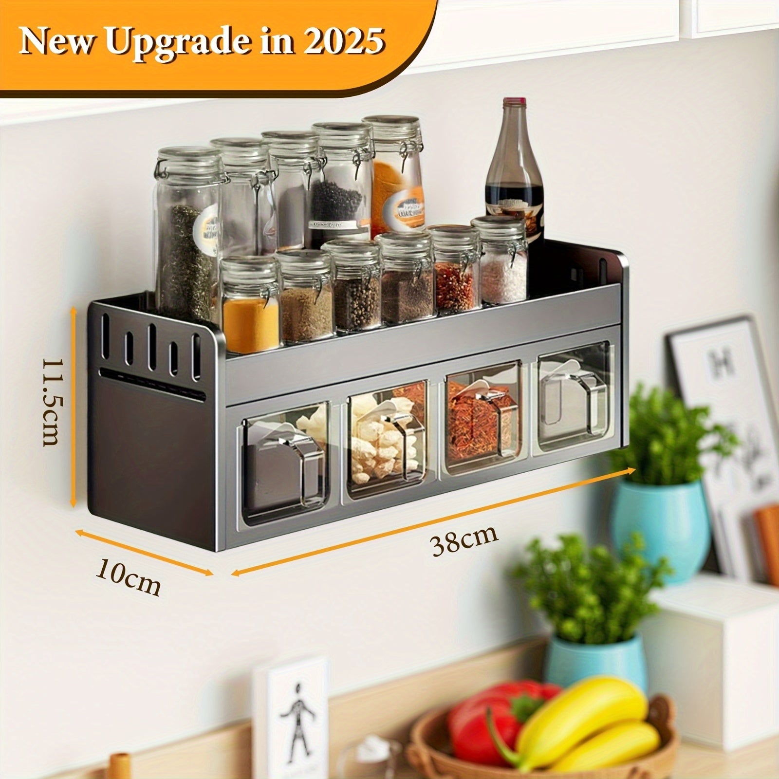 Wall-Mounted Spice Rack Set - Multi-Compartment Spice Rack, Durable Aluminum Spice Rack, No Drilling Required for Installation, Includes Spice Containers And Jars for Kitchen And Dining Room Use