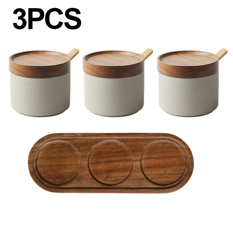 2\u002F3pcs Set of Japanese-style Ceramic Spice Jars | Kitchen and Dining Room Storage Jars for Spices, Salt, Sugar, Spice Jars with Spoons, Covered Spice Storage Box, Kitchen Supplies, Kitchen Additions