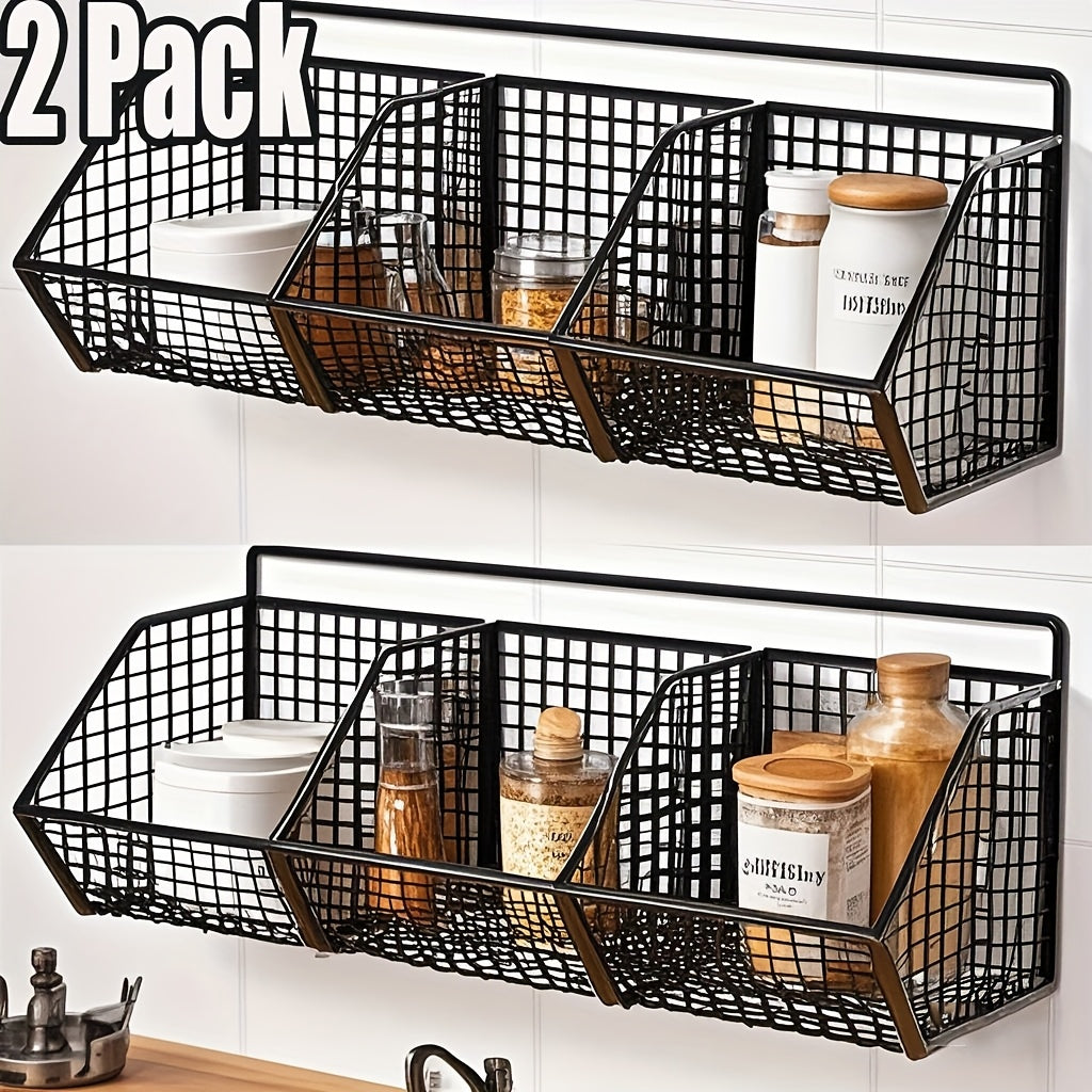 1\u002F2pcs Black Metal Grid, 2\u002F3 Grid Wall-mounted Kitchen Seasoning Bottle, Vegetable Rack, Strong Load-bearing Capacity, Large-capacity Kitchen Punch-free Sticky Hanging Rack, Suitable for Kitchen Drain Partition Storage, Saving Space