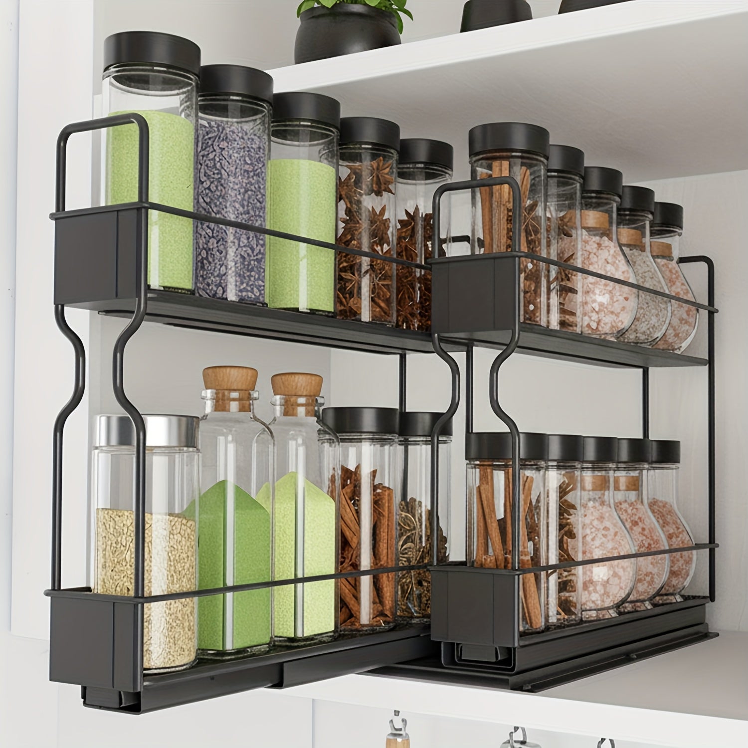 Heavy Duty 2-Tier Slide-Out Spice Rack Organizer with Labels - Adjustable Metal Kitchen Cabinet Storage Shelf, Space-Saving Sliding Mechanism, Powder-Coated Finish, 5.2\