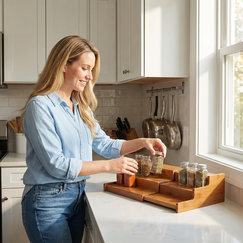 3-Tier Bamboo Spice Rack Organizer for Cabinet & Pantry - Adjustable Shelves, Under\u002FCountertop Spice Shelf with Bamboo Wood Storage - Space-Saving Vertical Spice Jars\u002FContainers Holder, Expandable Kitchen Spice Organization System