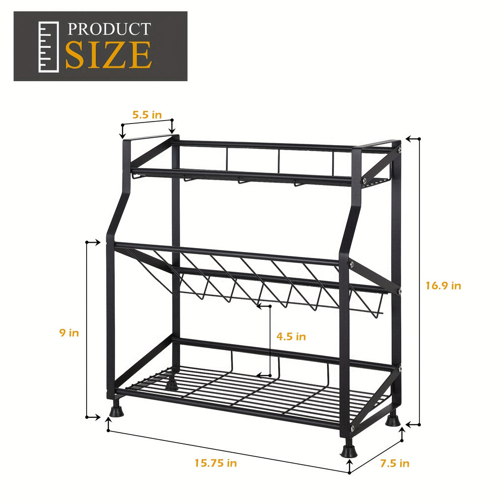 3-Tier Metal Spice Rack with Guardrail & Mesh Design - Countertop Kitchen Organizer, Black, 15, 75\
