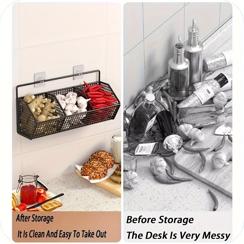 1\u002F2pcs Black Metal Grid, 2\u002F3 Grid Wall-mounted Kitchen Seasoning Bottle, Vegetable Rack, Strong Load-bearing Capacity, Large-capacity Kitchen Punch-free Sticky Hanging Rack, Suitable for Kitchen Drain Partition Storage, Saving Space