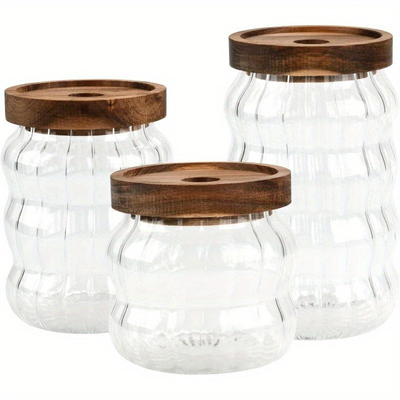 3pcs Storage Sealed Jar, Sealed Glass Jar with Acacia Wood Lid Kitchen Storage Container, Sugar Jar with Wooden Lid Glass Storage Container, Used for Candy, Grains, Snacks, Tea, Rice, Coffee Beans, Spices (striped),  Striped Design, Modern Pantry Jar