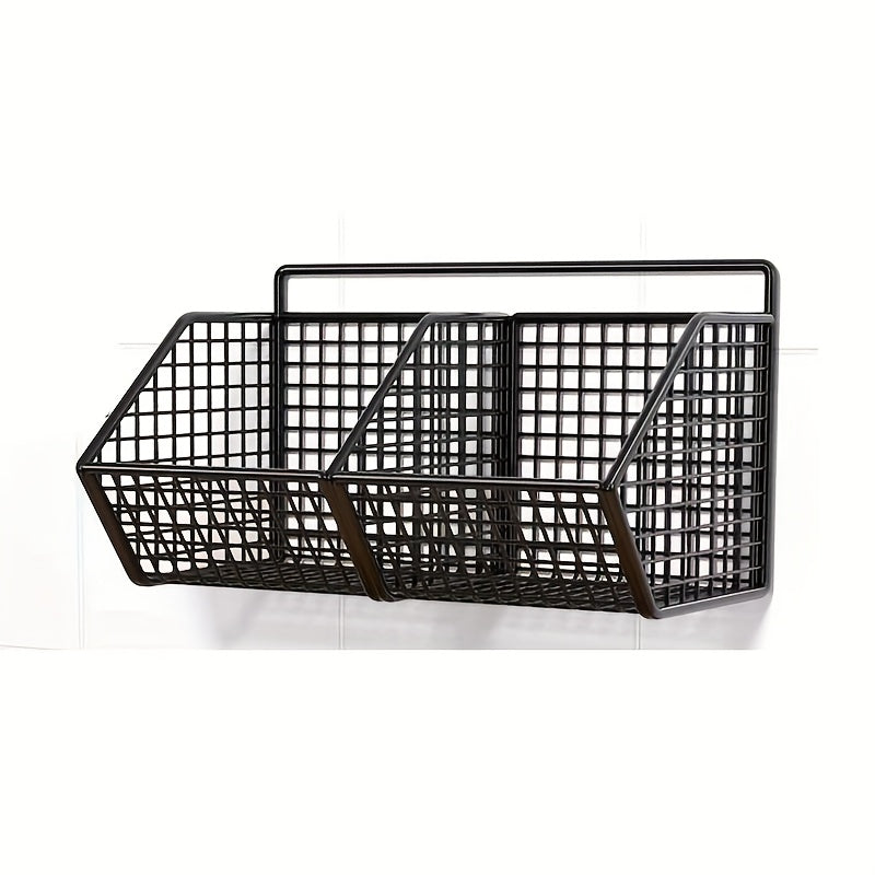 1\u002F2pcs Black Metal Grid, 2\u002F3 Grid Wall-mounted Kitchen Seasoning Bottle, Vegetable Rack, Strong Load-bearing Capacity, Large-capacity Kitchen Punch-free Sticky Hanging Rack, Suitable for Kitchen Drain Partition Storage, Saving Space