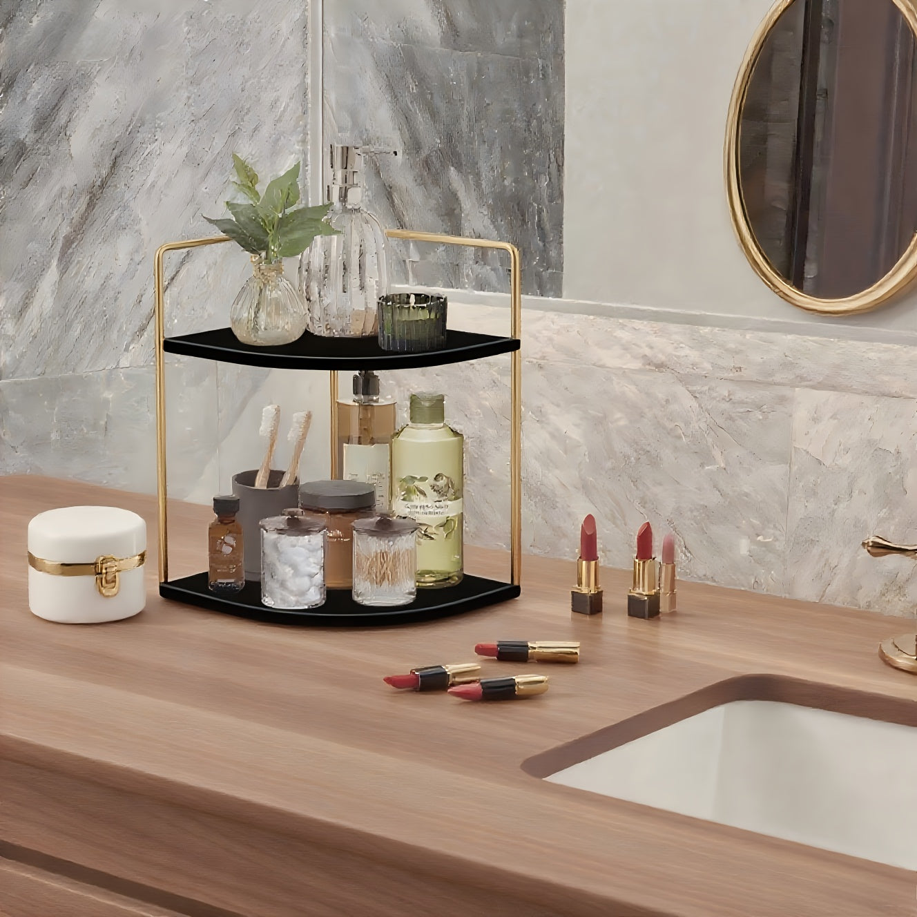 2 - Tier Iron - Art Spice Rack, Bookshelf, Cosmetic Rack, Corner Rack And Storage Rack for Kitchen, Bedroom And Living Room, Corner Shelves