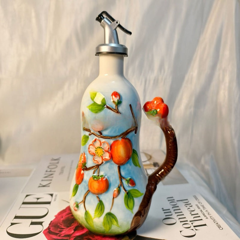 Artisanal Hand-Painted Ceramic Cruet Set - Lead-Free Non-Toxic Glaze & Non-Drip Spout, Hand-Painted Floral Relief Salt & Pepper Shakers, Wood-Like Base, & s, Traditional Underglaze Coloring (Salt