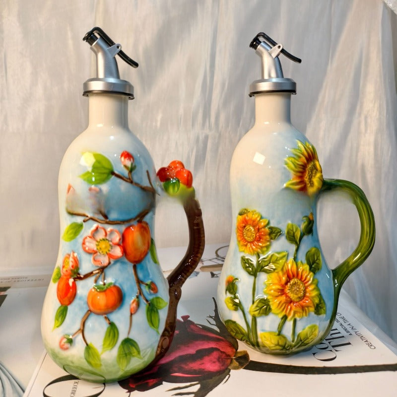 Artisanal Hand-Painted Ceramic Cruet Set - Lead-Free Non-Toxic Glaze & Non-Drip Spout, Hand-Painted Floral Relief Salt & Pepper Shakers, Wood-Like Base, & s, Traditional Underglaze Coloring (Salt