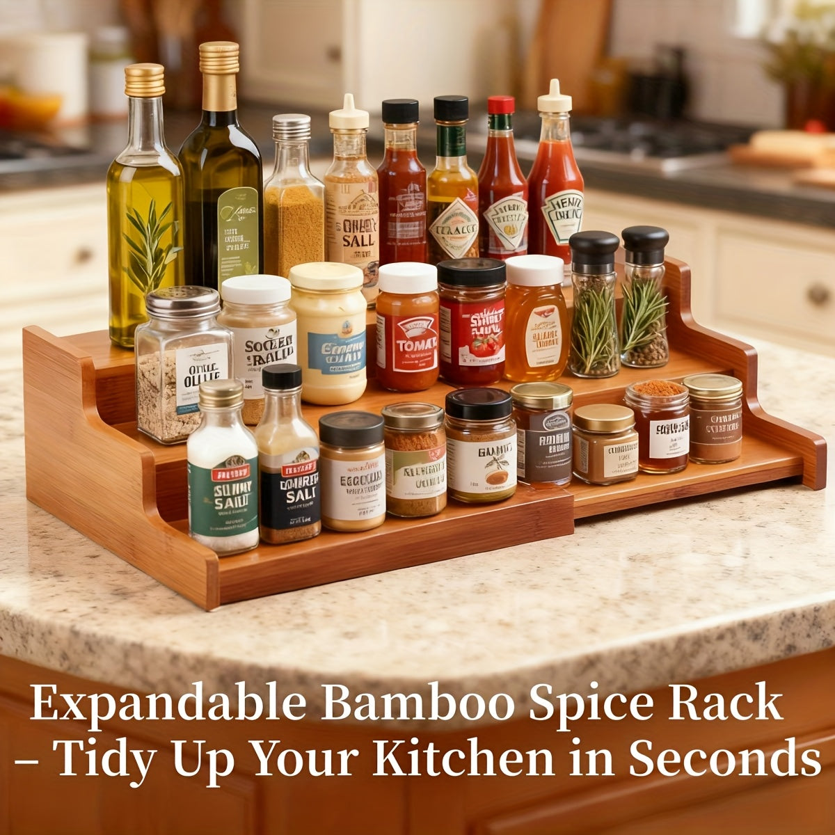 3-Tier Bamboo Spice Rack Organizer for Cabinet & Pantry - Adjustable Shelves, Under\u002FCountertop Spice Shelf with Bamboo Wood Storage - Space-Saving Vertical Spice Jars\u002FContainers Holder, Expandable Kitchen Spice Organization System