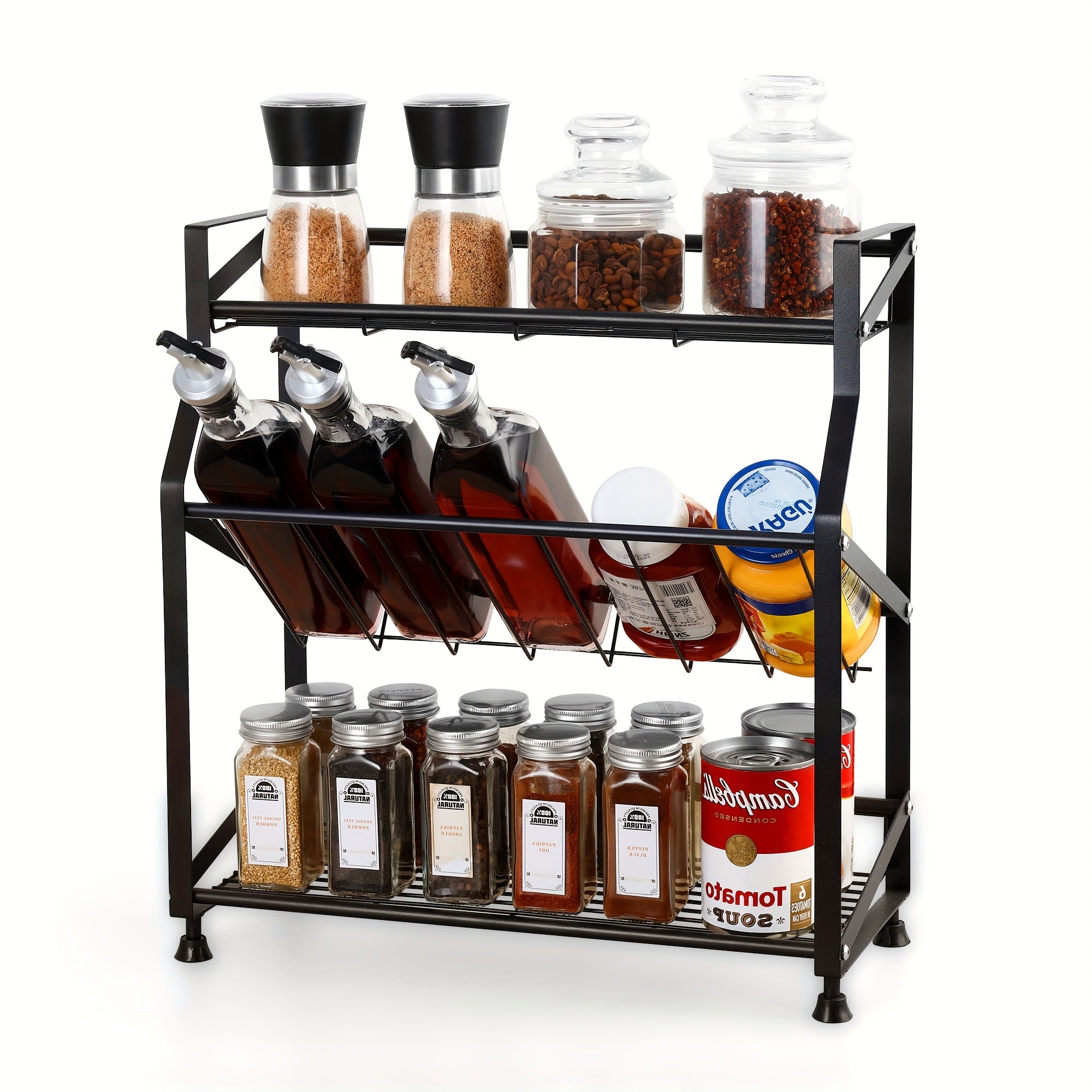 3-Tier Metal Spice Rack with Guardrail & Mesh Design - Countertop Kitchen Organizer, Black, 15, 75\