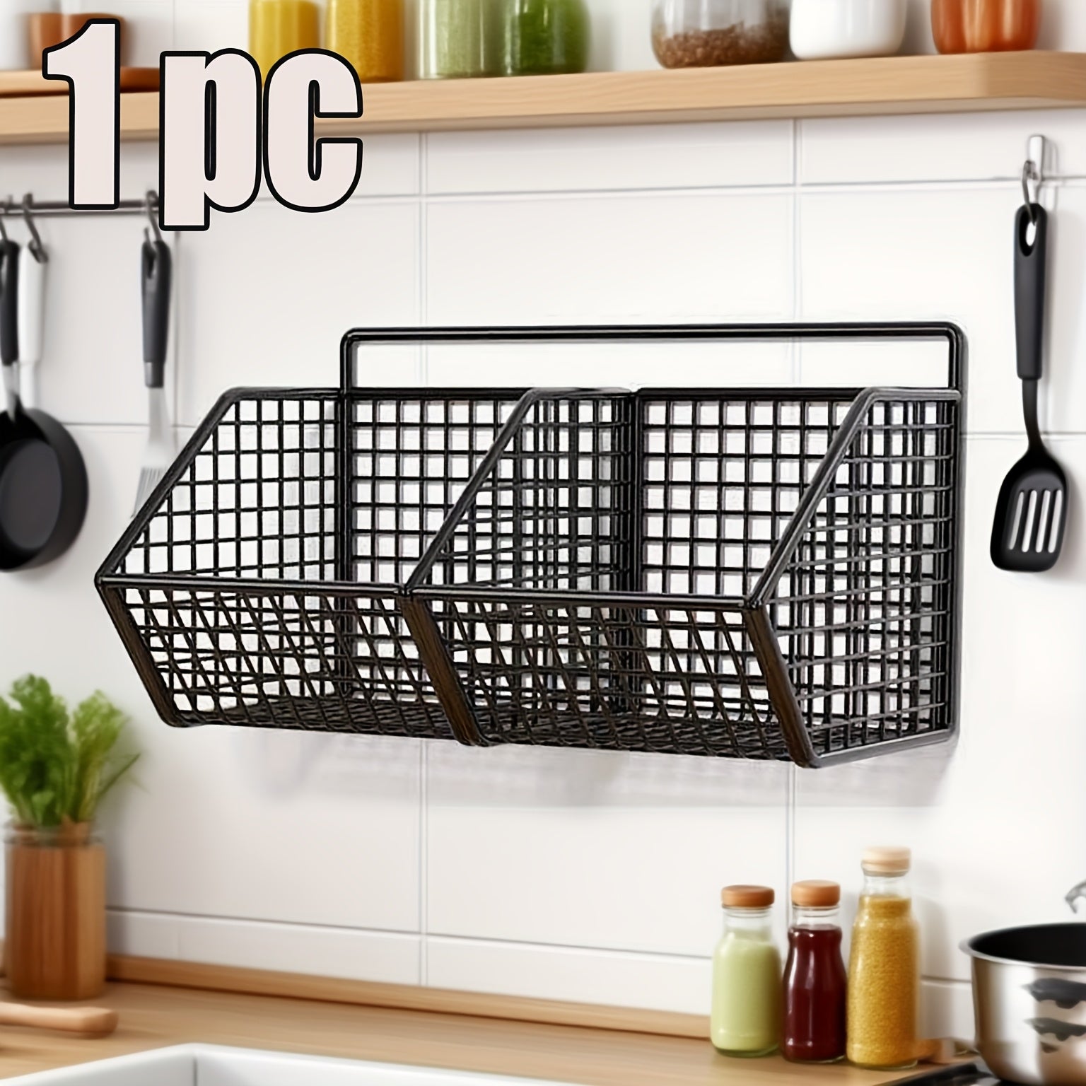 1\u002F2pcs Black Metal Grid, 2\u002F3 Grid Wall-mounted Kitchen Seasoning Bottle, Vegetable Rack, Strong Load-bearing Capacity, Large-capacity Kitchen Punch-free Sticky Hanging Rack, Suitable for Kitchen Drain Partition Storage, Saving Space