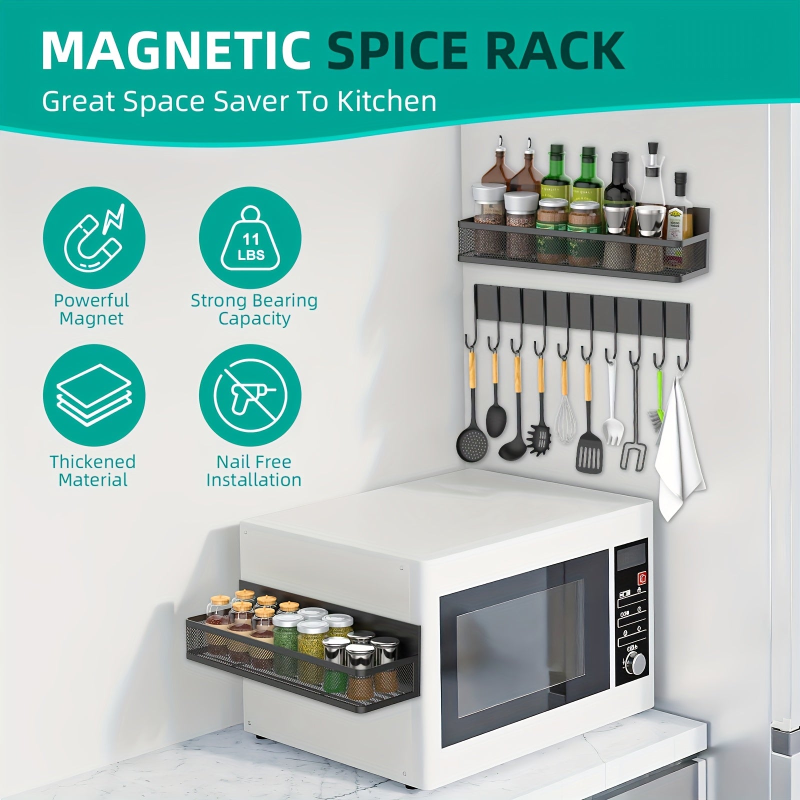 Magnetic Spice Rack For Refrigerator, Magnetic Shelf, Moveable Fridge Organizer With 8-Hook Rack, Seasoning Organizer For Kitchen