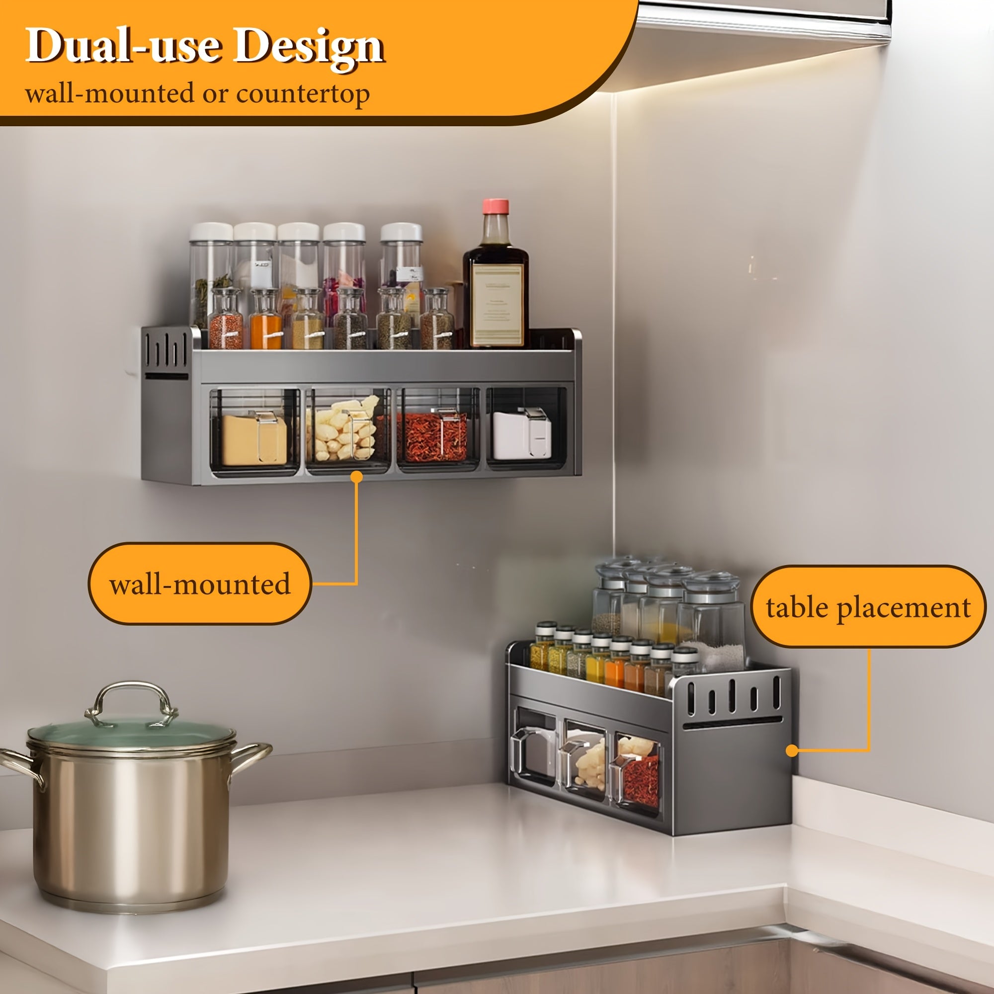 Wall-Mounted Spice Rack Set - Multi-Compartment Spice Rack, Durable Aluminum Spice Rack, No Drilling Required for Installation, Includes Spice Containers And Jars for Kitchen And Dining Room Use