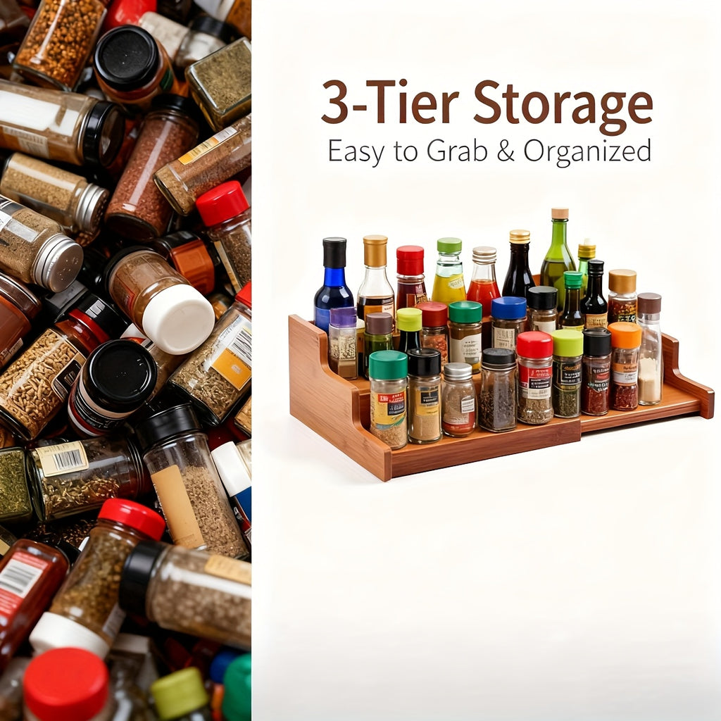 3-Tier Bamboo Spice Rack Organizer for Cabinet & Pantry - Adjustable Shelves, Under\u002FCountertop Spice Shelf with Bamboo Wood Storage - Space-Saving Vertical Spice Jars\u002FContainers Holder, Expandable Kitchen Spice Organization System