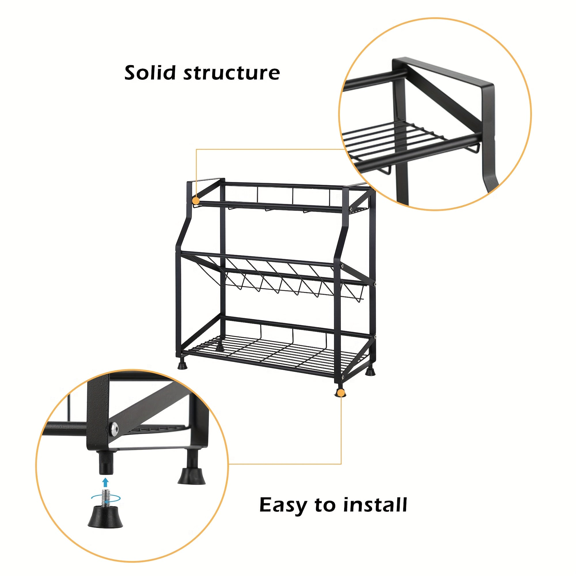 3-Tier Metal Spice Rack with Guardrail & Mesh Design - Countertop Kitchen Organizer, Black, 15, 75\