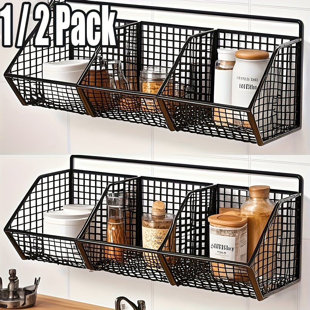 1\u002F2pcs Black Metal Grid, 2\u002F3 Grid Wall-mounted Kitchen Seasoning Bottle, Vegetable Rack, Strong Load-bearing Capacity, Large-capacity Kitchen Punch-free Sticky Hanging Rack, Suitable for Kitchen Drain Partition Storage, Saving Space