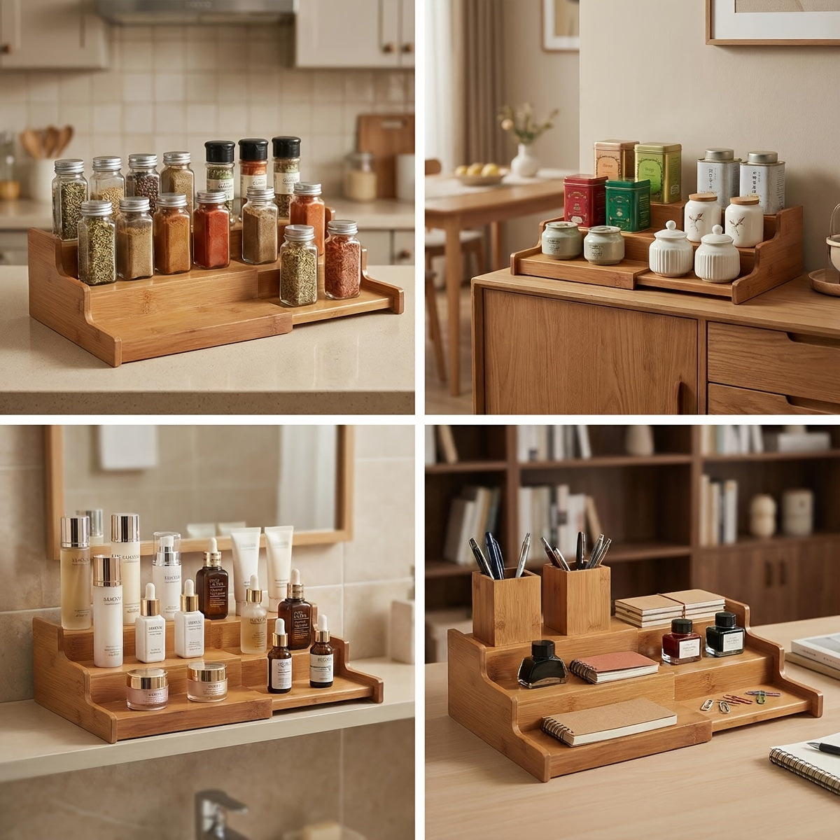 3-Tier Bamboo Spice Rack Organizer for Cabinet & Pantry - Adjustable Shelves, Under\u002FCountertop Spice Shelf with Bamboo Wood Storage - Space-Saving Vertical Spice Jars\u002FContainers Holder, Expandable Kitchen Spice Organization System