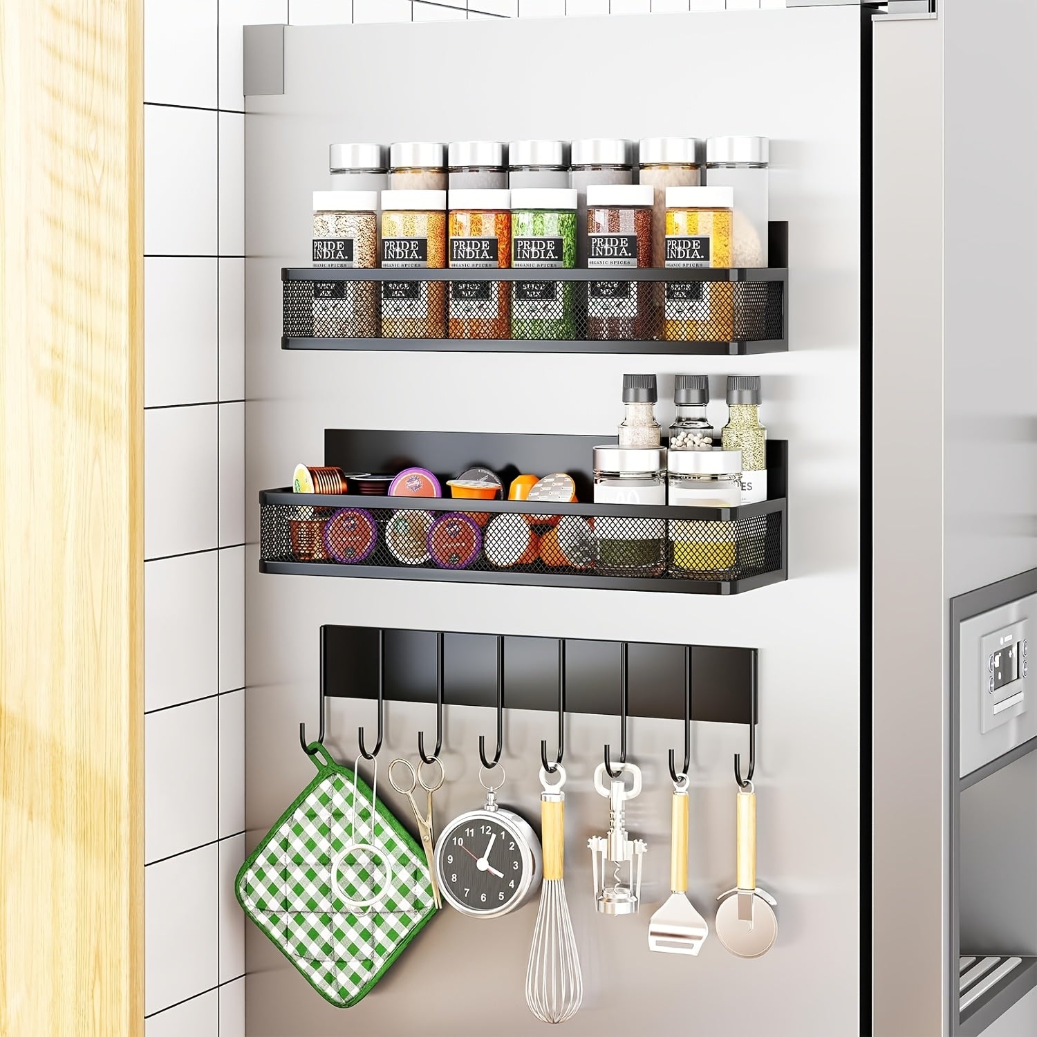 Magnetic Spice Rack For Refrigerator, Magnetic Shelf, Moveable Fridge Organizer With 8-Hook Rack, Seasoning Organizer For Kitchen