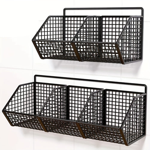 1\u002F2pcs Black Metal Grid, 2\u002F3 Grid Wall-mounted Kitchen Seasoning Bottle, Vegetable Rack, Strong Load-bearing Capacity, Large-capacity Kitchen Punch-free Sticky Hanging Rack, Suitable for Kitchen Drain Partition Storage, Saving Space