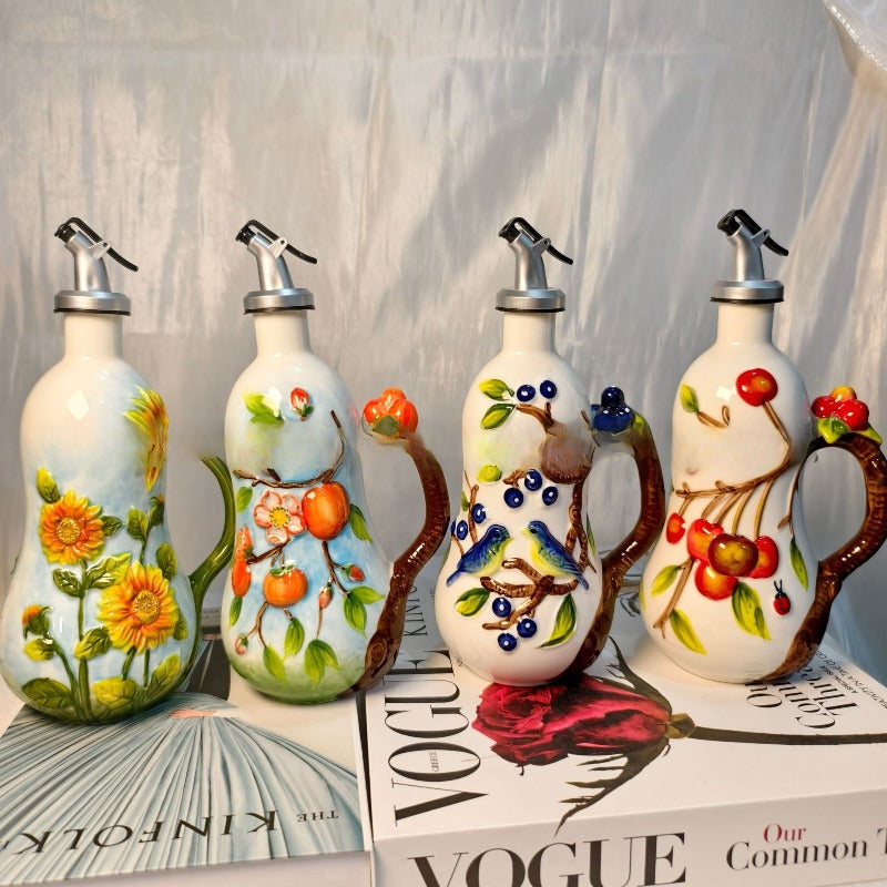 Artisanal Hand-Painted Ceramic Cruet Set - Lead-Free Non-Toxic Glaze & Non-Drip Spout, Hand-Painted Floral Relief Salt & Pepper Shakers, Wood-Like Base, & s, Traditional Underglaze Coloring (Salt