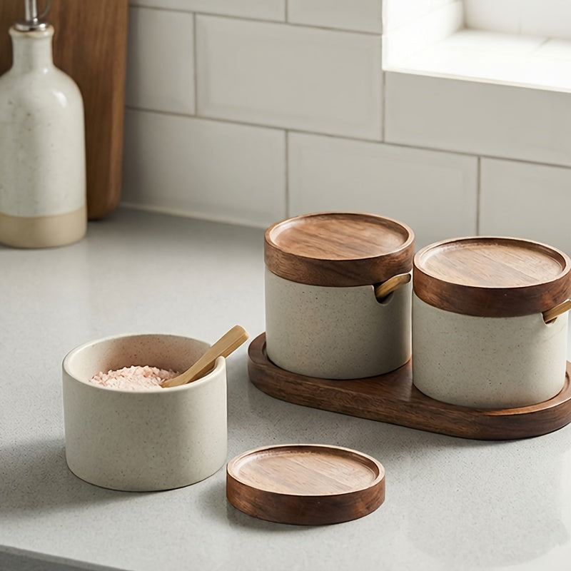 2\u002F3pcs Set of Japanese-style Ceramic Spice Jars | Kitchen and Dining Room Storage Jars for Spices, Salt, Sugar, Spice Jars with Spoons, Covered Spice Storage Box, Kitchen Supplies, Kitchen Additions