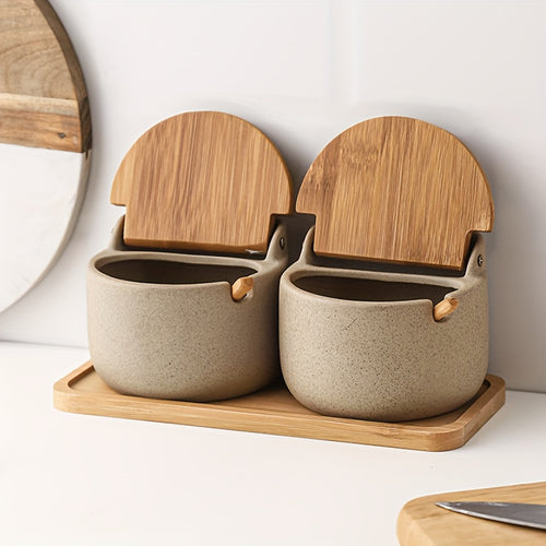 1\u002F2\u002F3pcs Seasoning Pot Set Kitchen Spice Pot Seasoning Containers Ceramic Monosodium Glutamate Pot Salt And Pepper Jar With Tray Pepper Contaniers Seasoning Storage With Lid Food Storage Box With Spoon Kitchen Stuff Kitchen Accessories