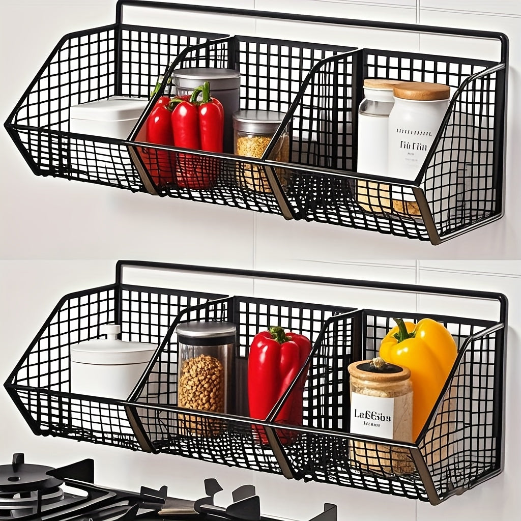 1\u002F2pcs Black Metal Grid, 2\u002F3 Grid Wall-mounted Kitchen Seasoning Bottle, Vegetable Rack, Strong Load-bearing Capacity, Large-capacity Kitchen Punch-free Sticky Hanging Rack, Suitable for Kitchen Drain Partition Storage, Saving Space