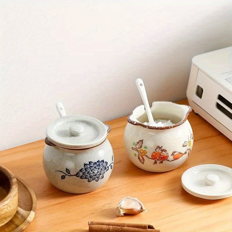 1pc Cute Ceramic Spice Jar with Lid & Spoon, Seasoning Jar, Seasoning Bottle, Spice Box for Spices Salt Sugar