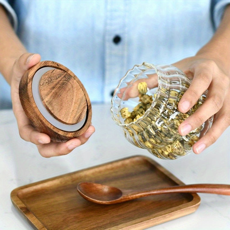 3pcs Storage Sealed Jar, Sealed Glass Jar with Acacia Wood Lid Kitchen Storage Container, Sugar Jar with Wooden Lid Glass Storage Container, Used for Candy, Grains, Snacks, Tea, Rice, Coffee Beans, Spices (striped),  Striped Design, Modern Pantry Jar