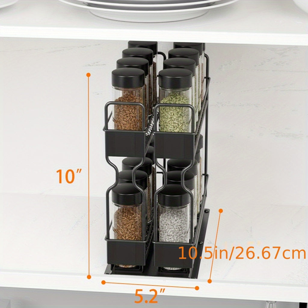 Heavy Duty 2-Tier Slide-Out Spice Rack Organizer with Labels - Adjustable Metal Kitchen Cabinet Storage Shelf, Space-Saving Sliding Mechanism, Powder-Coated Finish, 5.2\