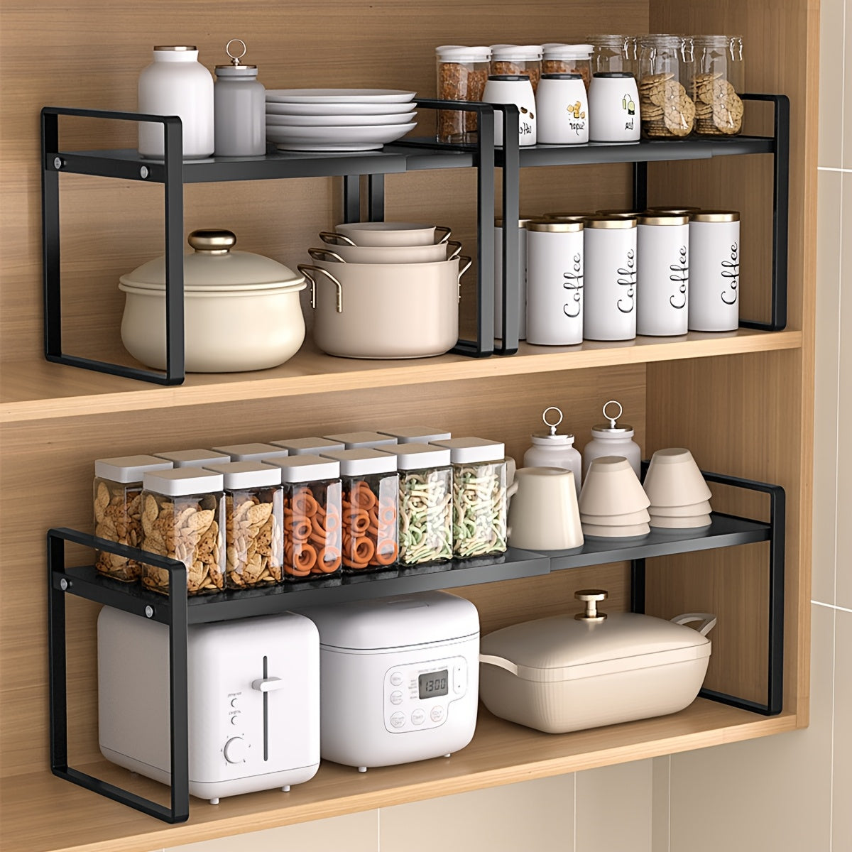 Storage Solutions for Restaurants And Businesses, Including a White Expandable Cabinet Rack, Layered Storage Options, And a Countertop Seasoning Organizer, Ideal for Kitchen Cabinets And Storage Areas, Designed to Be Stackable And Space-Efficient