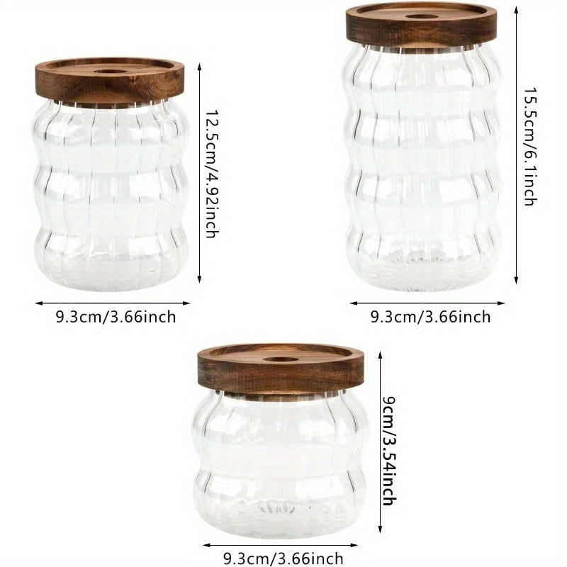 3pcs Storage Sealed Jar, Sealed Glass Jar with Acacia Wood Lid Kitchen Storage Container, Sugar Jar with Wooden Lid Glass Storage Container, Used for Candy, Grains, Snacks, Tea, Rice, Coffee Beans, Spices (striped),  Striped Design, Modern Pantry Jar