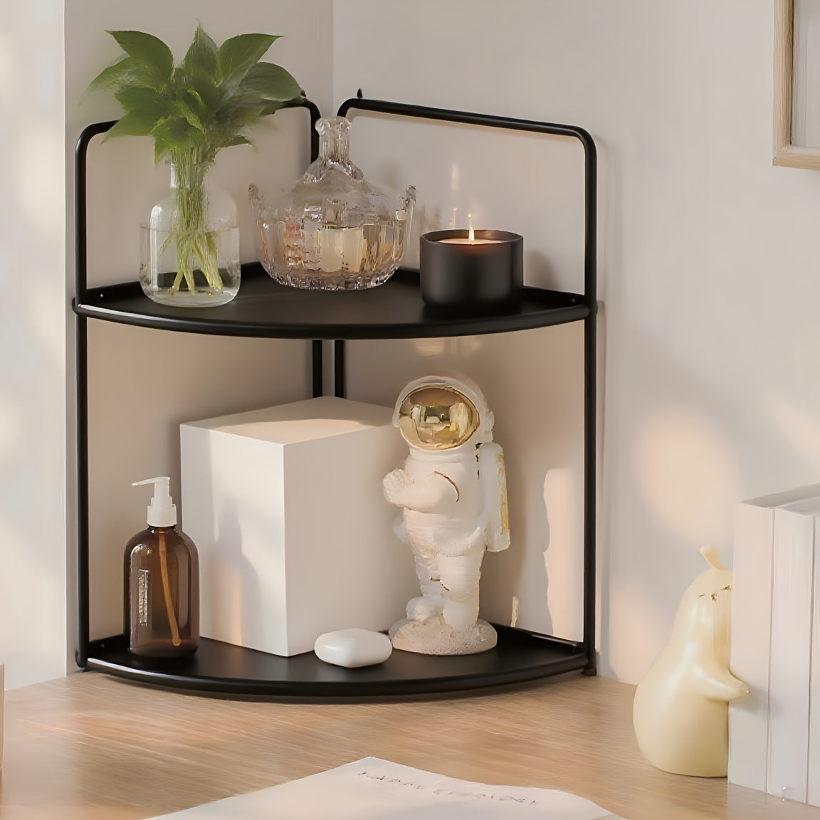 2 - Tier Iron - Art Spice Rack, Bookshelf, Cosmetic Rack, Corner Rack And Storage Rack for Kitchen, Bedroom And Living Room, Corner Shelves