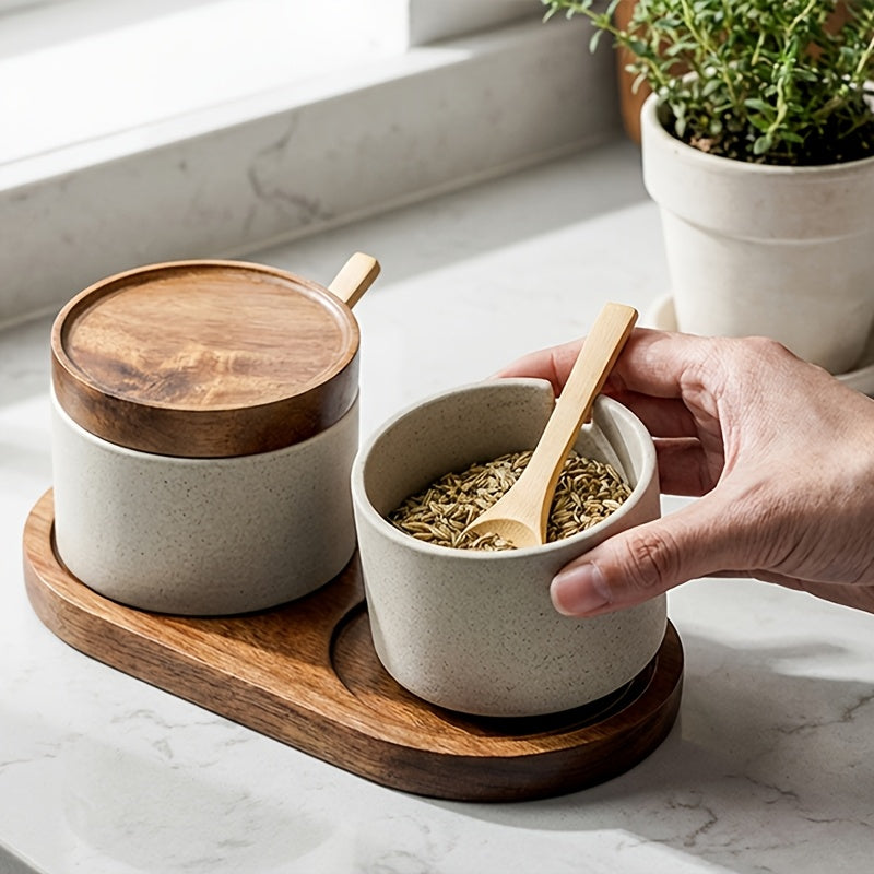 2\u002F3pcs Set of Japanese-style Ceramic Spice Jars | Kitchen and Dining Room Storage Jars for Spices, Salt, Sugar, Spice Jars with Spoons, Covered Spice Storage Box, Kitchen Supplies, Kitchen Additions