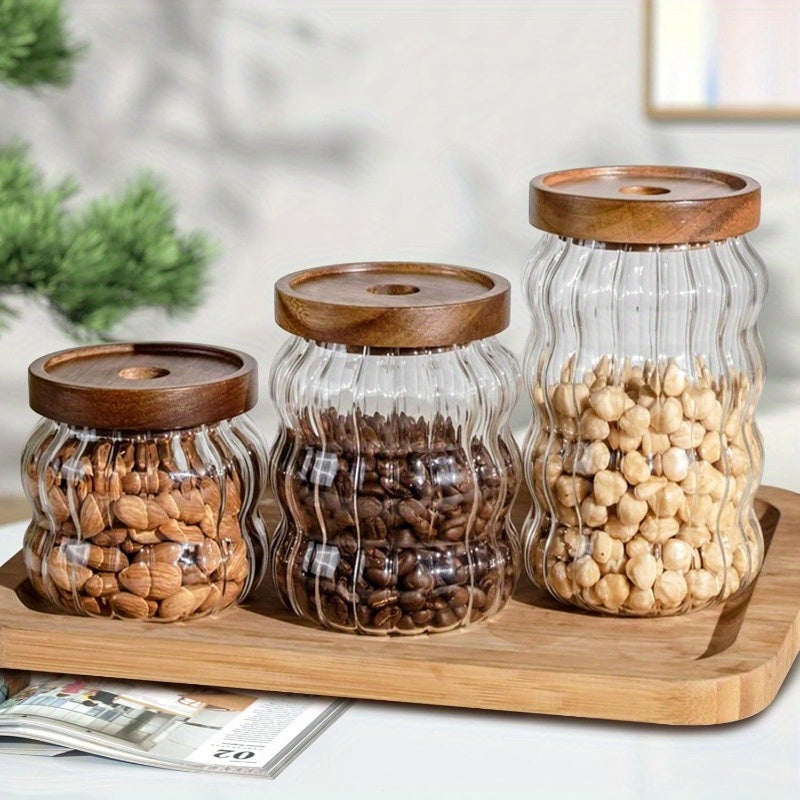 3pcs Storage Sealed Jar, Sealed Glass Jar with Acacia Wood Lid Kitchen Storage Container, Sugar Jar with Wooden Lid Glass Storage Container, Used for Candy, Grains, Snacks, Tea, Rice, Coffee Beans, Spices (striped),  Striped Design, Modern Pantry Jar