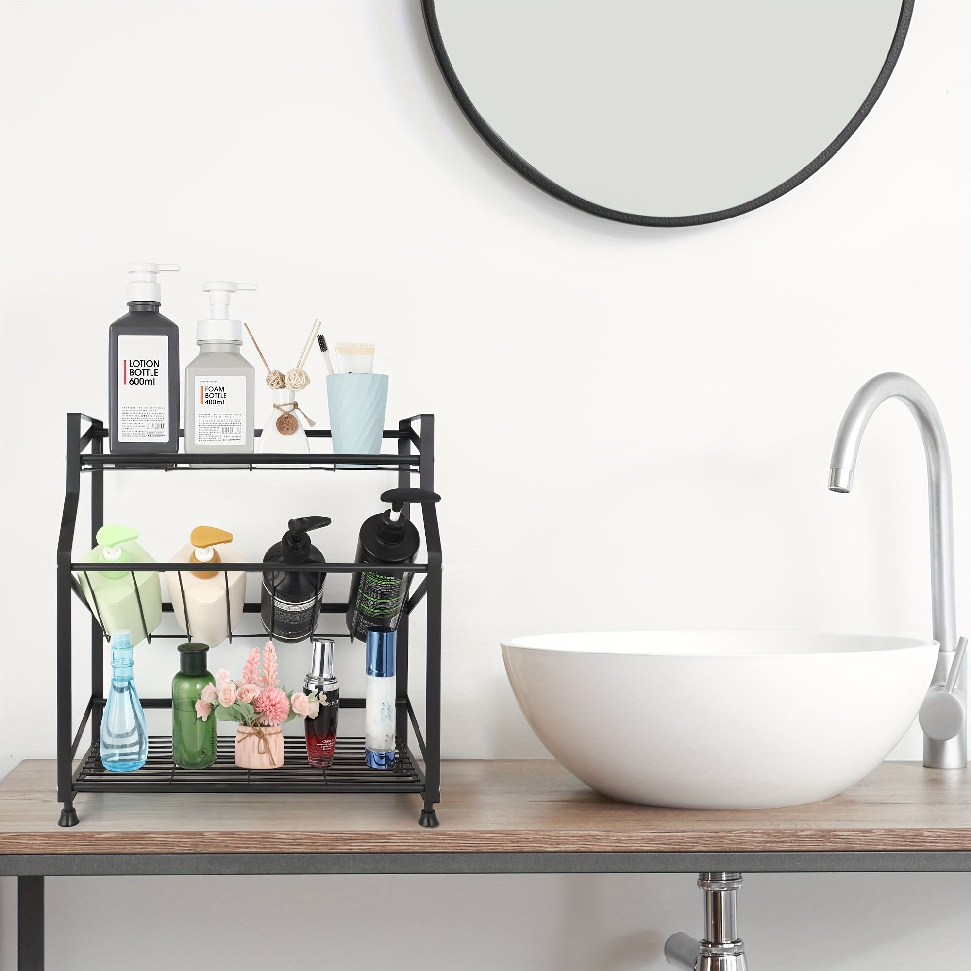 3-Tier Metal Spice Rack with Guardrail & Mesh Design - Countertop Kitchen Organizer, Black, 15, 75\