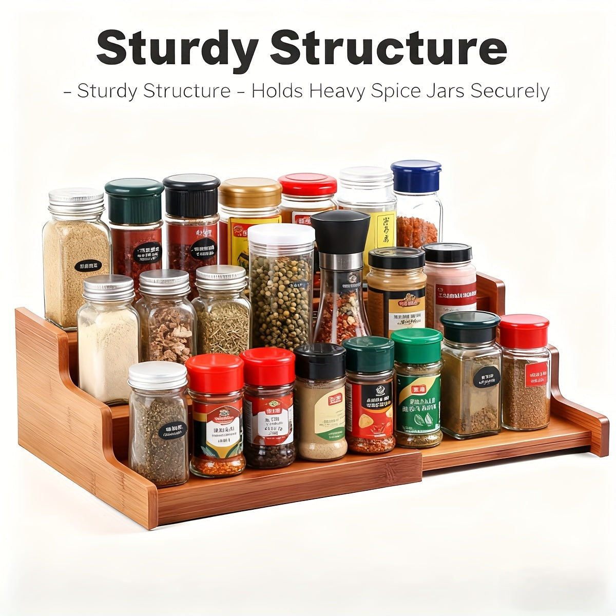 3-Tier Bamboo Spice Rack Organizer for Cabinet & Pantry - Adjustable Shelves, Under\u002FCountertop Spice Shelf with Bamboo Wood Storage - Space-Saving Vertical Spice Jars\u002FContainers Holder, Expandable Kitchen Spice Organization System