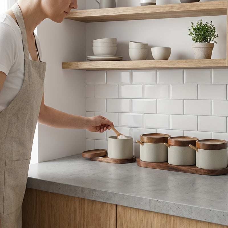 2\u002F3pcs Set of Japanese-style Ceramic Spice Jars | Kitchen and Dining Room Storage Jars for Spices, Salt, Sugar, Spice Jars with Spoons, Covered Spice Storage Box, Kitchen Supplies, Kitchen Additions