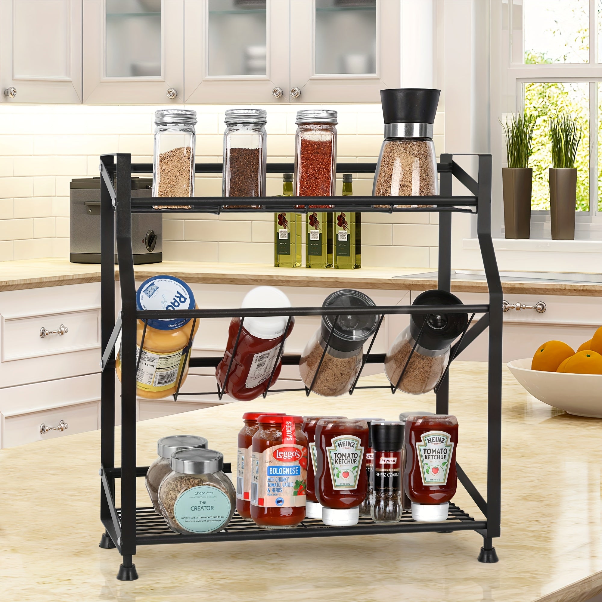 3-Tier Metal Spice Rack with Guardrail & Mesh Design - Countertop Kitchen Organizer, Black, 15, 75\