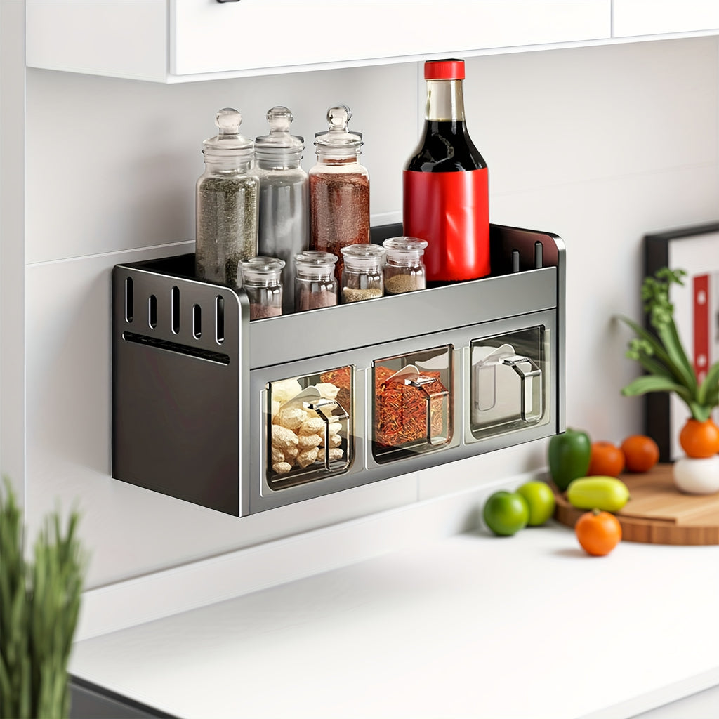 Wall-Mounted Spice Rack Set - Multi-Compartment Spice Rack, Durable Aluminum Spice Rack, No Drilling Required for Installation, Includes Spice Containers And Jars for Kitchen And Dining Room Use