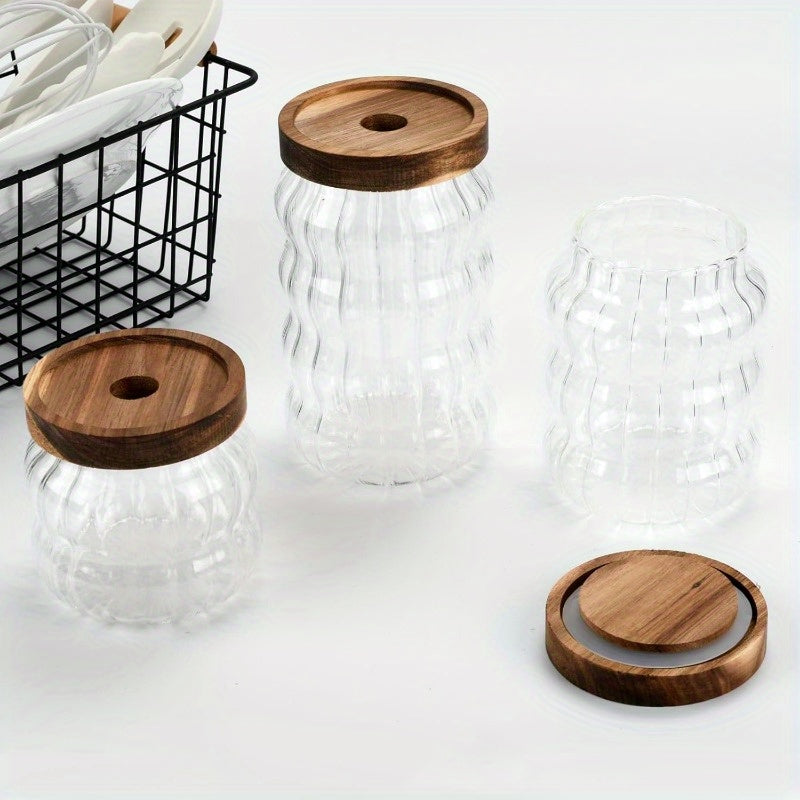 3pcs Storage Sealed Jar, Sealed Glass Jar with Acacia Wood Lid Kitchen Storage Container, Sugar Jar with Wooden Lid Glass Storage Container, Used for Candy, Grains, Snacks, Tea, Rice, Coffee Beans, Spices (striped),  Striped Design, Modern Pantry Jar