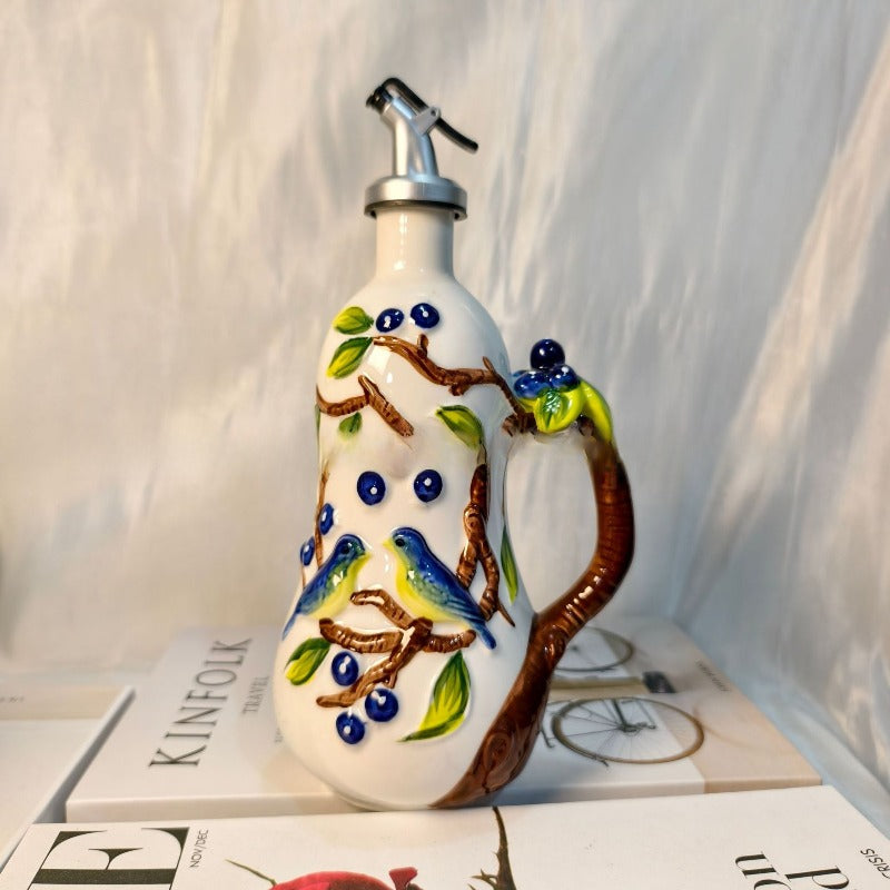 Artisanal Hand-Painted Ceramic Cruet Set - Lead-Free Non-Toxic Glaze & Non-Drip Spout, Hand-Painted Floral Relief Salt & Pepper Shakers, Wood-Like Base, & s, Traditional Underglaze Coloring (Salt